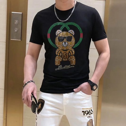 New Brand clothing Rhinestone Summer top quality t shirt homme Brand designer streetwear