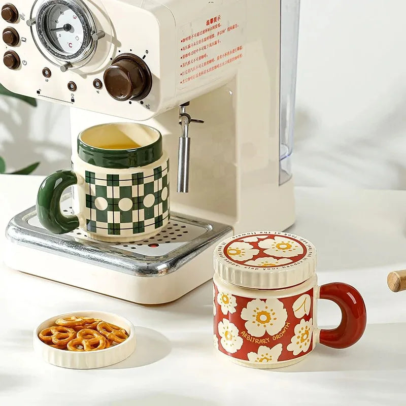 Ceramic Cup Chessboard Flower Pattern Coffee with Lid Handmade Cup