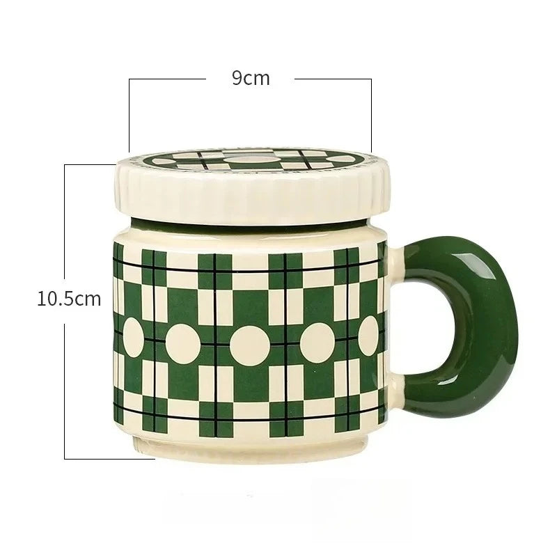 Ceramic Cup Chessboard Flower Pattern Coffee with Lid Handmade Cup