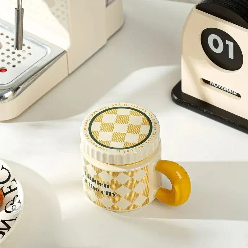 Ceramic Cup Chessboard Flower Pattern Coffee with Lid Handmade Cup
