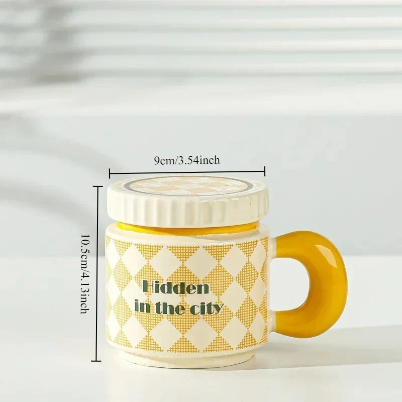 Ceramic Cup Chessboard Flower Pattern Coffee with Lid Handmade Cup