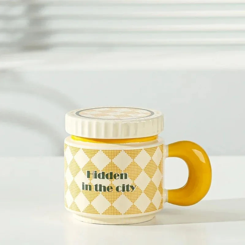 Ceramic Cup Chessboard Flower Pattern Coffee with Lid Handmade Cup