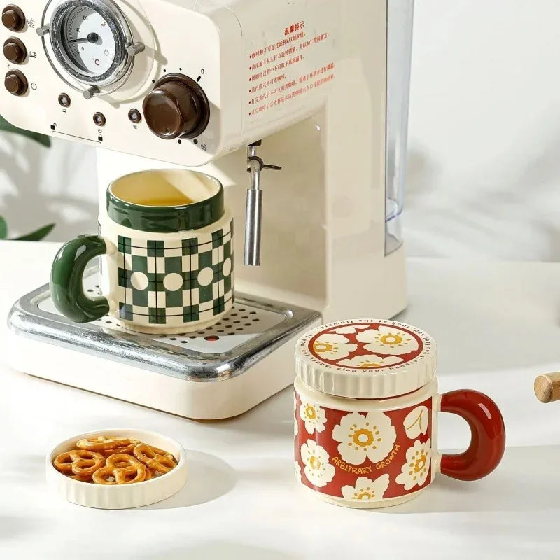 Ceramic Cup Chessboard Flower Pattern Coffee with Lid Handmade Cup