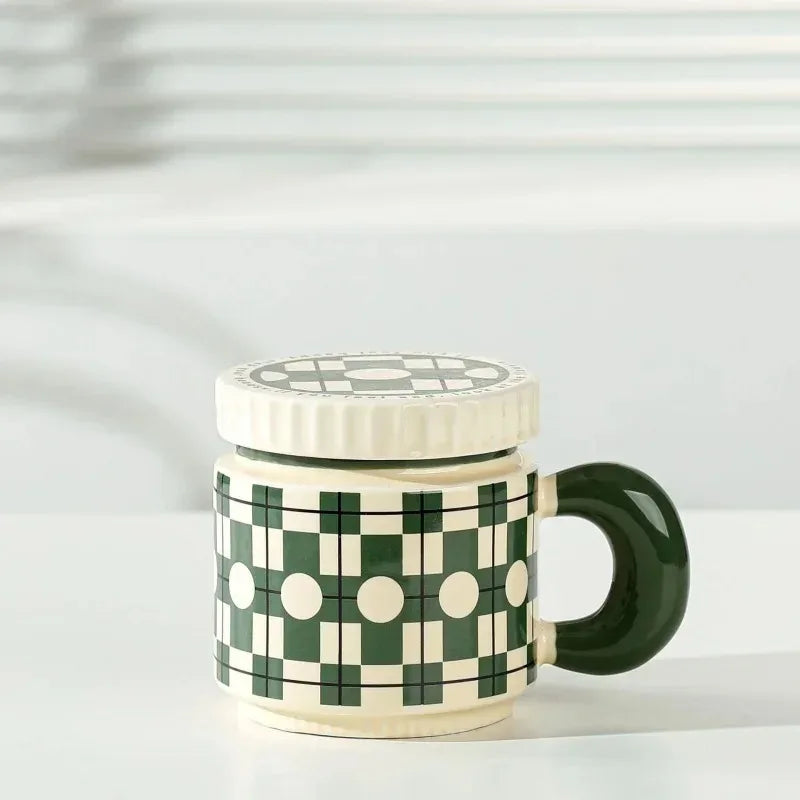 Ceramic Cup Chessboard Flower Pattern Coffee with Lid Handmade Cup